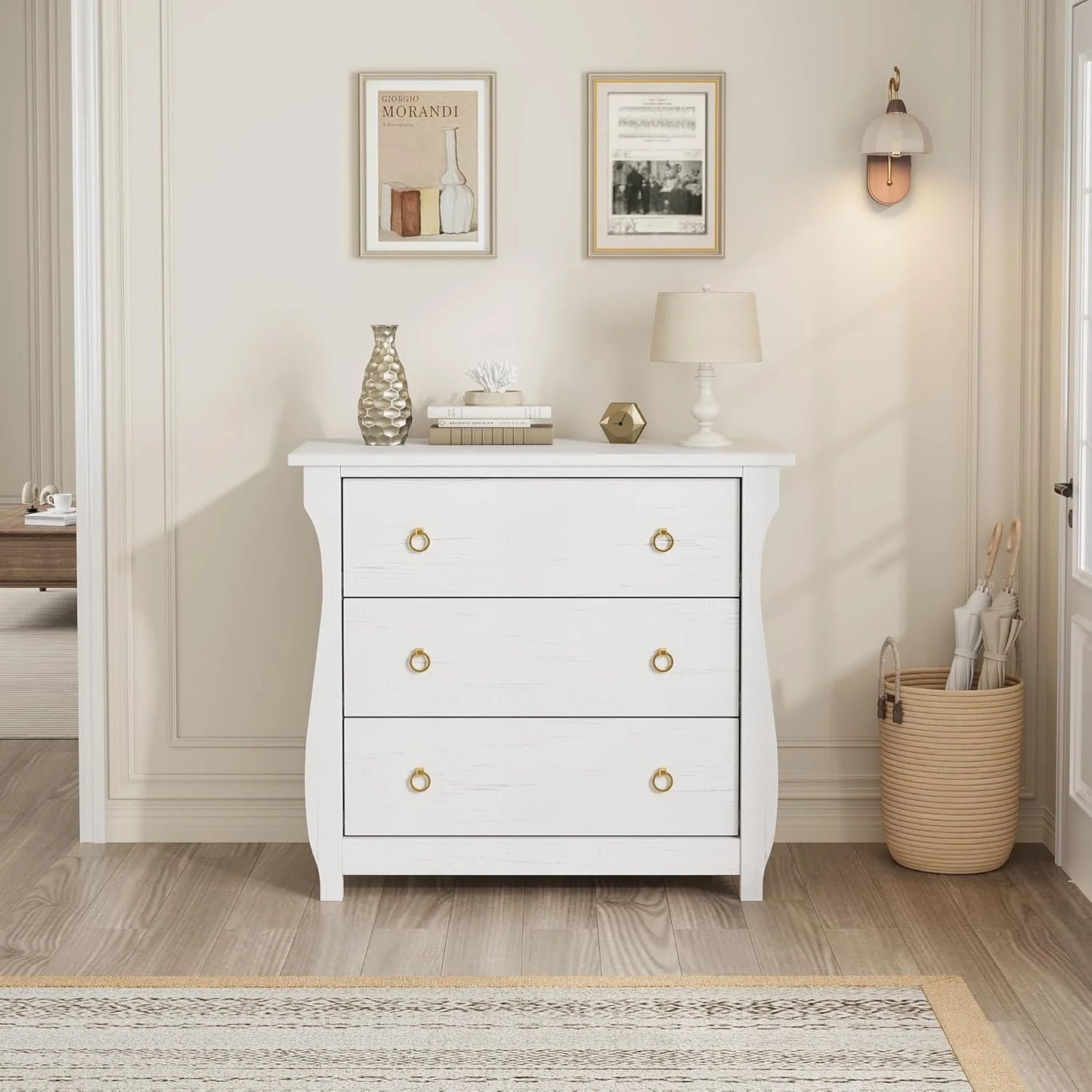 M optimized Wood 3-Drawer Dresser, Boho Dresser with Curved Legs, Rattan Accents, and Freestanding Storage for Living Room, Bedroom, Entryway, or Balcony