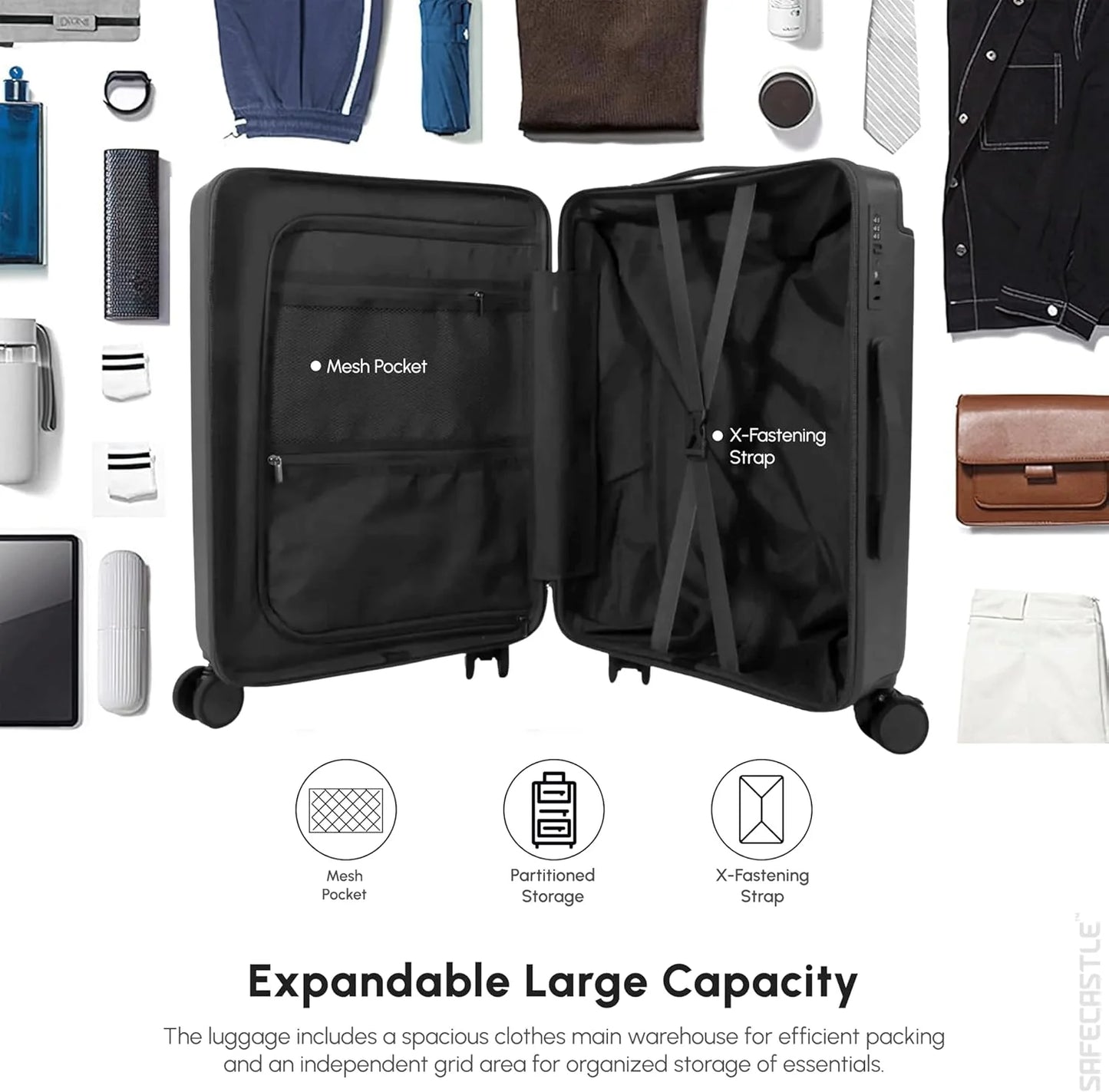 SAFECASTLE 24-Inch PC Hardshell Suitcase Wide Handle Design, Spinner Wheels, Travel Makeup Bag & Protective Luggage Cover Included Lightweight, Durable and Spacious Luggage in Black Single Unit