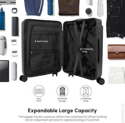 SAFECASTLE 24-Inch PC Hardshell Suitcase Wide Handle Design, Spinner Wheels, Travel Makeup Bag & Protective Luggage Cover Included Lightweight, Durable and Spacious Luggage in Black Single Unit