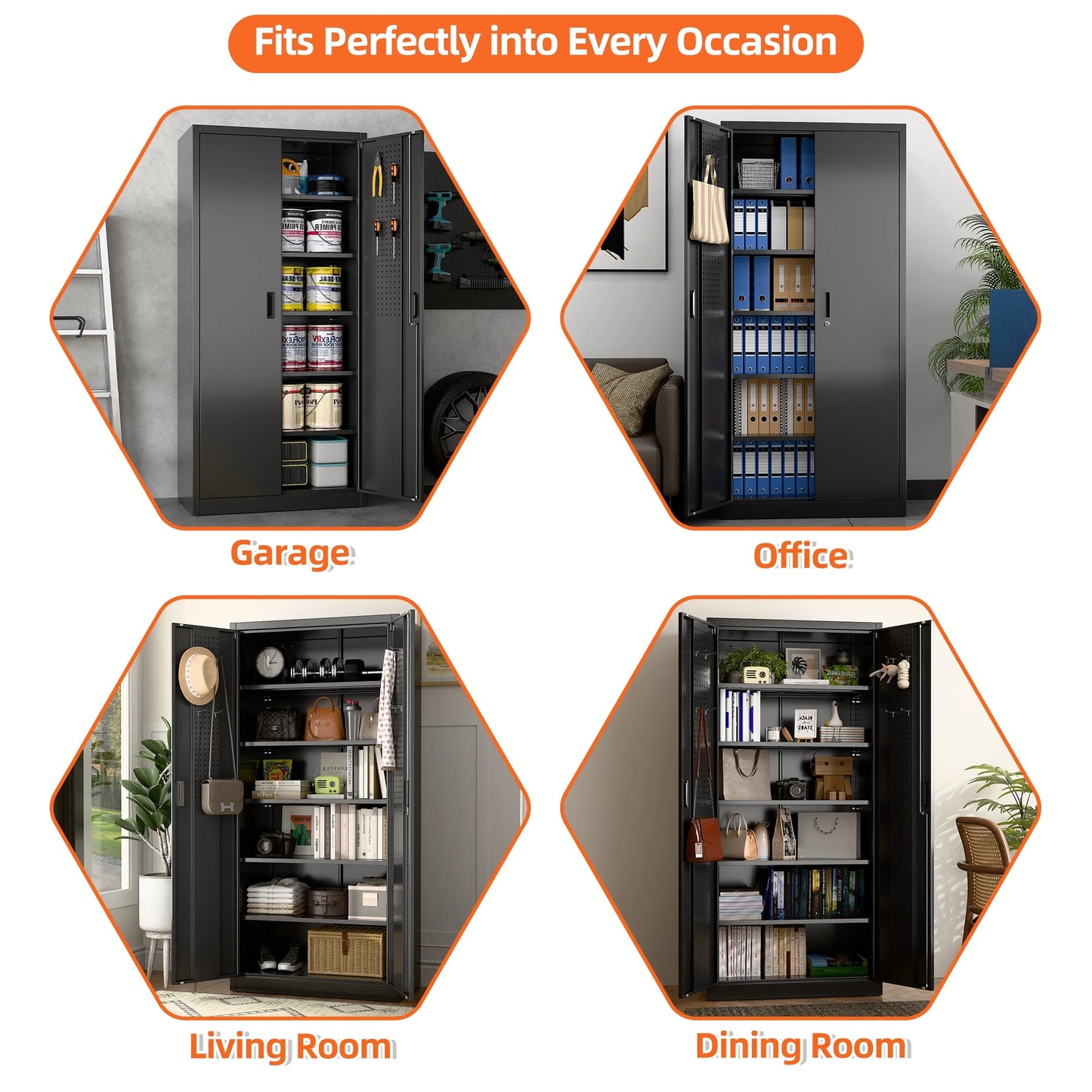 Aobabo Metal Storage Cabinet with Lock & Pegboard,Garage Storage Cabinet with 5 Adjustable Shelves,Tool Storage Cabinets for Home Office Garage,Assembly Required,Black
