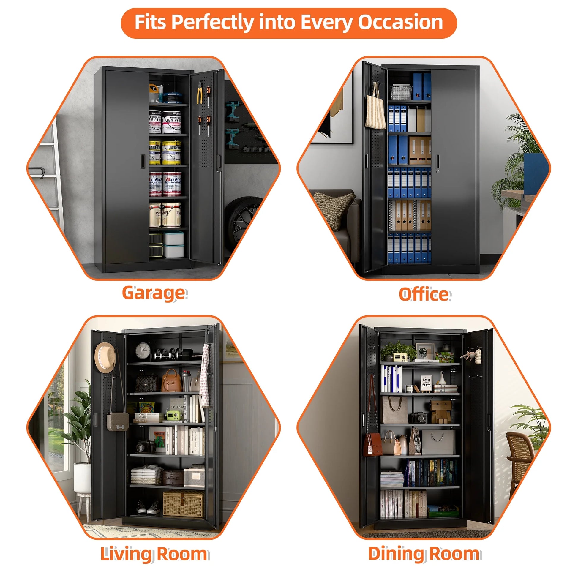 Aobabo Metal Storage Cabinet with Lock & Pegboard,Garage Storage Cabinet with 5 Adjustable Shelves,Tool Storage Cabinets for Home Office Garage,Assembly Required,Black