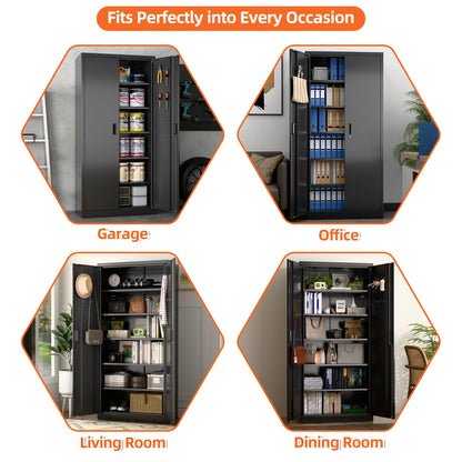 Aobabo Metal Storage Cabinet with Lock & Pegboard,Garage Storage Cabinet with 5 Adjustable Shelves,Tool Storage Cabinets for Home Office Garage,Assembly Required,Black