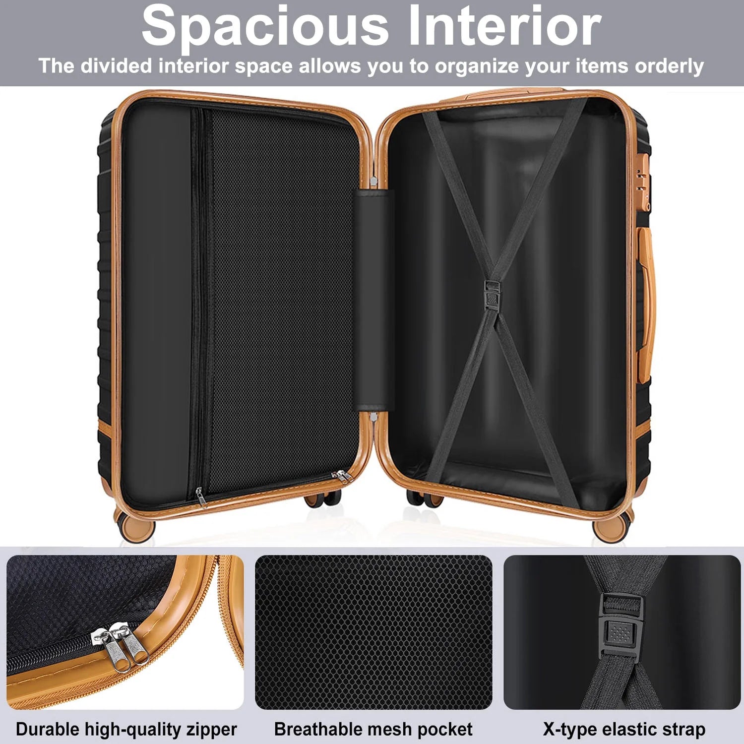 GAZILY 12.00" 3 Piece Hardside Spinner Lightweight Luggage Set, Black