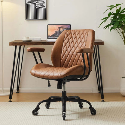 QW Home Office Desk Chair Office Rubber Casters Ergonomic Computer Chair with Lumbar Support Adjustable Height Rolling Swivel Executive Task Armrests Chair Brown Leather