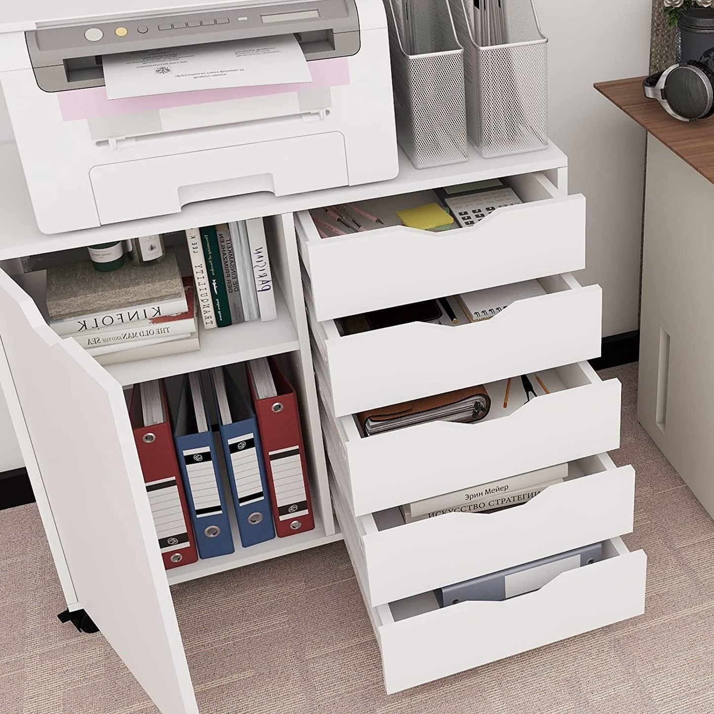 Natwind 5-Drawer Mobilable Wood Printer Stand with Charging Station,Cart File Storage Cabinets with Socket and Door Home Office Lateral Filing Cabinet(white)