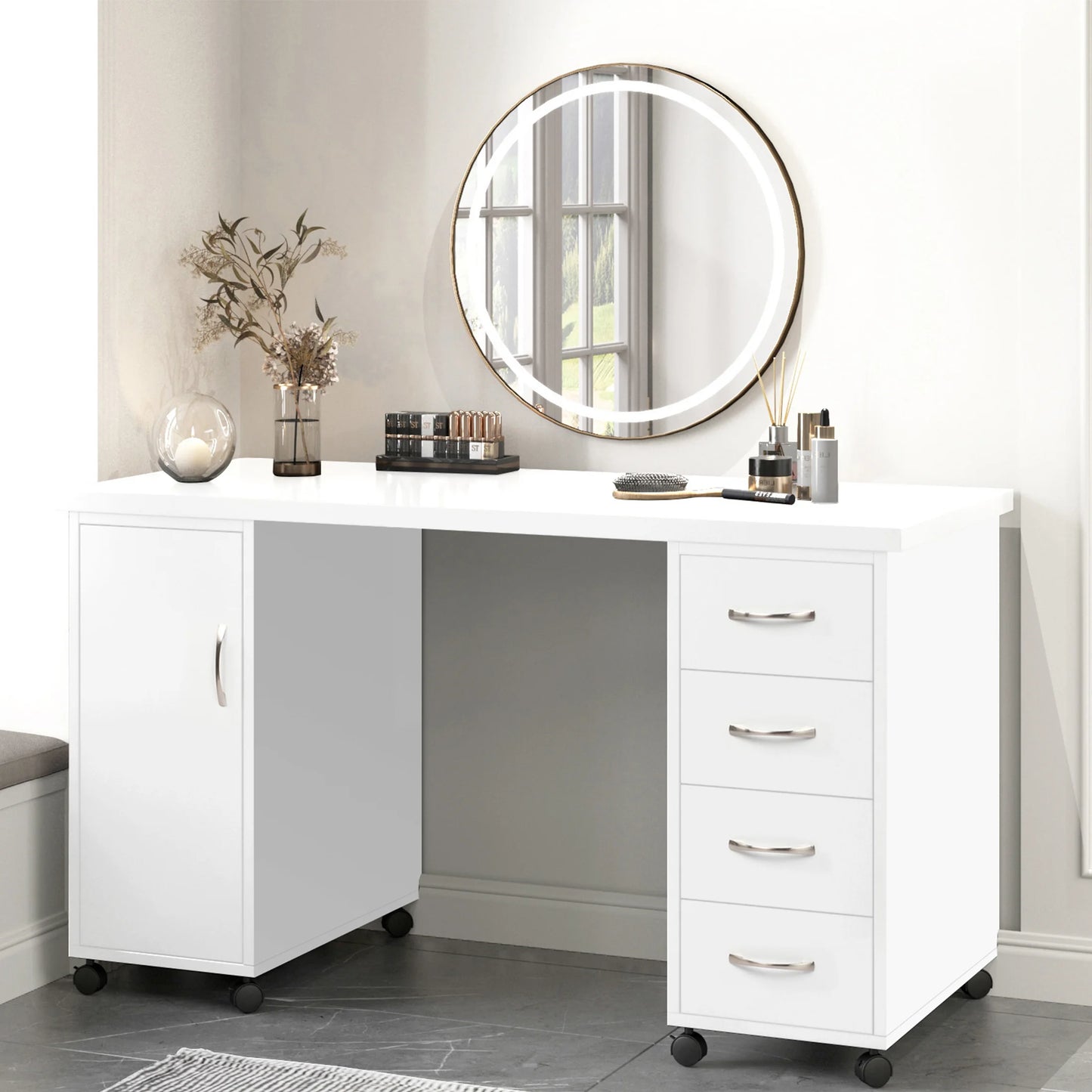 Sesslife White Computer Desk, Writing Desk with Lockable WheelsModern Wood Study Desk with 4 Drawers for Home Office Workstation