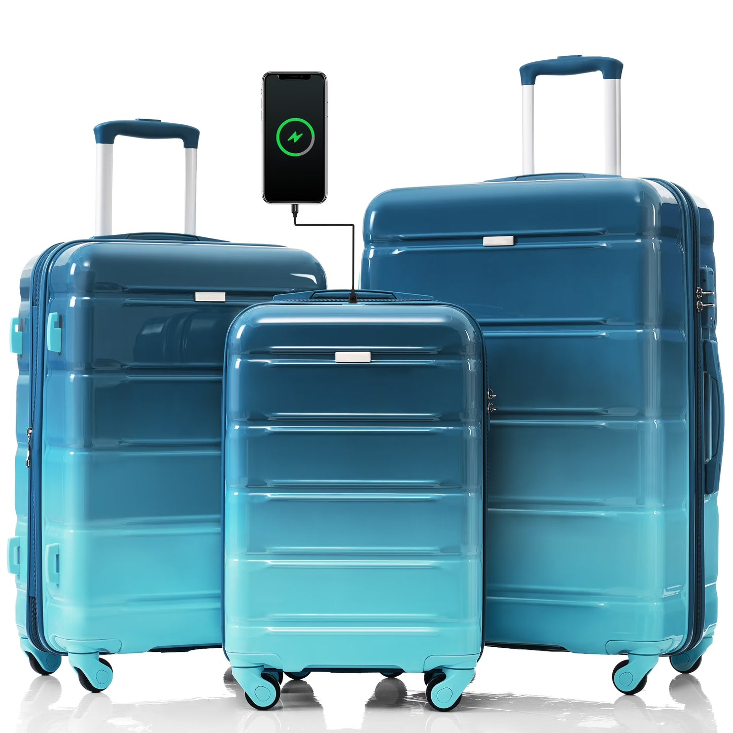PAPROOS 3-Piece Luggage Set (20''/24''/28''), Hardshell Lightweight Suitcase with USB Port and Side Hooks, Travel Luggage with TSA-Lock, Hardside Rolling Luggage for School, Travel, Pink