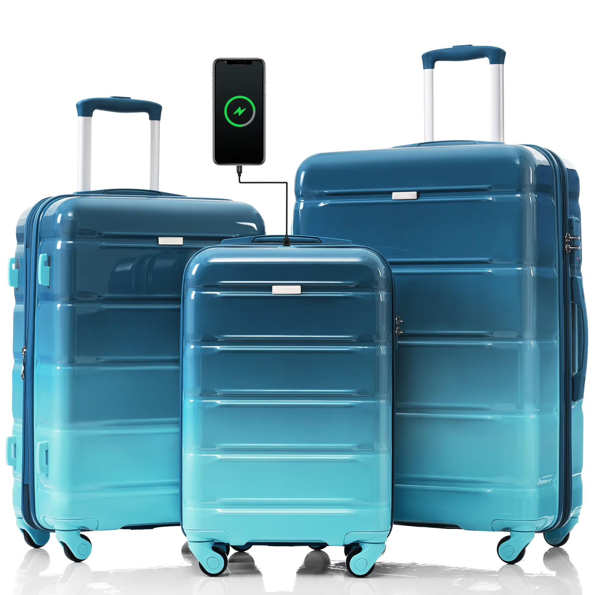 PAPROOS 3-Piece Luggage Set (20''/24''/28''), Hardshell Lightweight Suitcase with USB Port and Side Hooks, Travel Luggage with TSA-Lock, Hardside Rolling Luggage for School, Travel, Pink