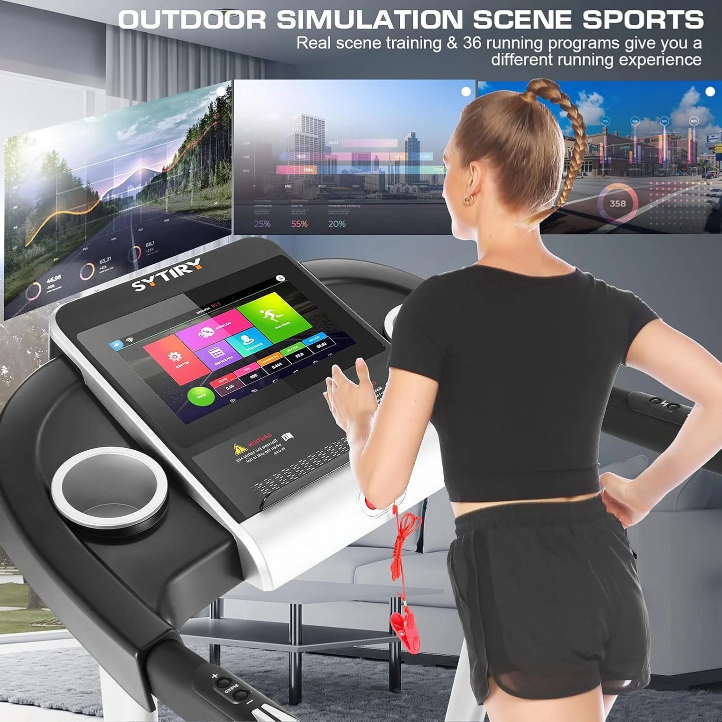 SYTIRY Folding Treadmill w/10" HD Touchscreen WiFi 3.25 HP Adjustable Incline Treadmills, Heart Rate Monito 9 MPH Speed Range Jogging Running Machine for Home Office 265lbs Weight Capacity