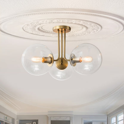 OYIPRO 3 - Light 22'' Modern Sputnik Globe Glass Semi Flush Mount Light Gold/Clear Glass