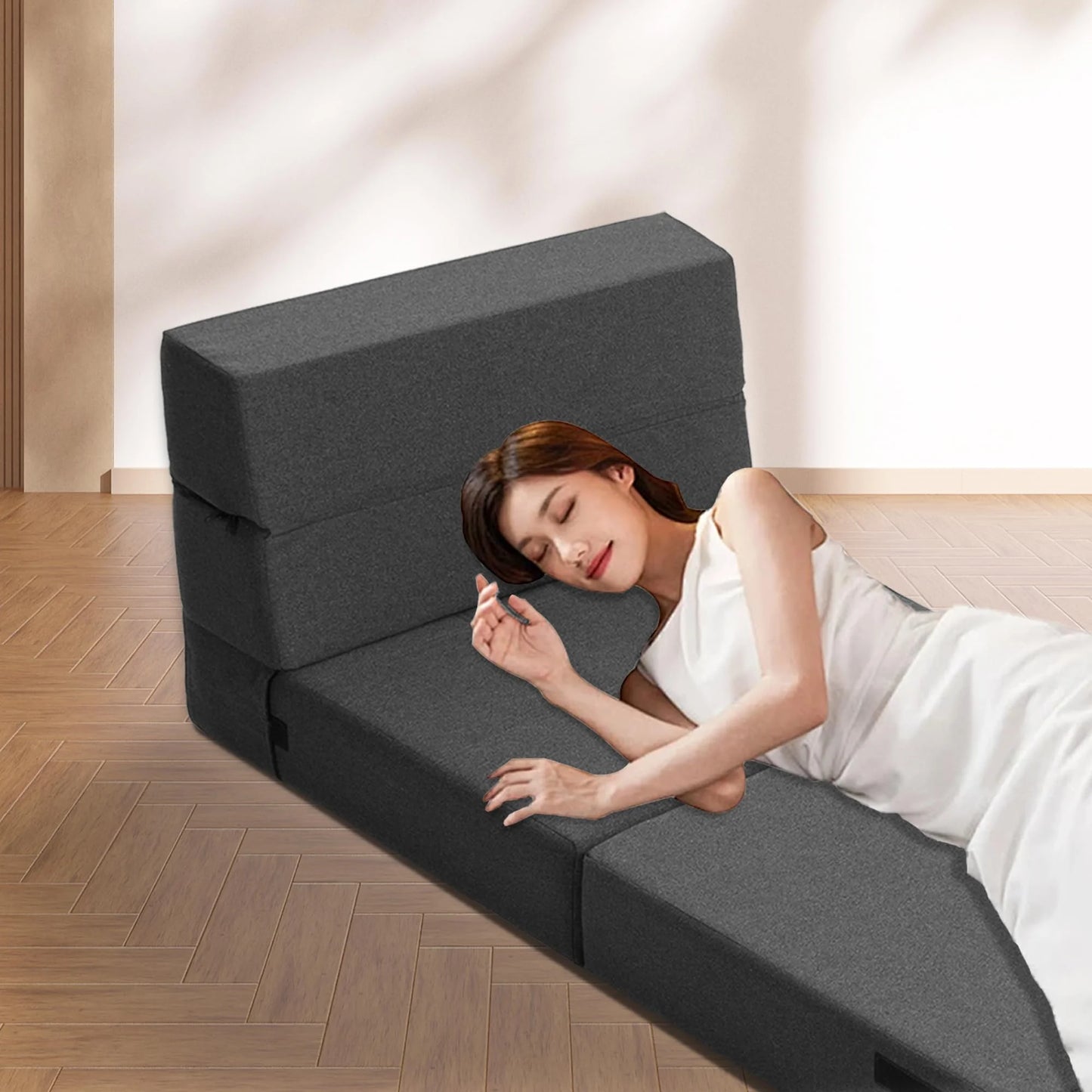 Folding Sofa Bed, 7 inch Memory Foam Floor Couch, Convertible Sleeper Foldable Mattress Futon Sofa for Living Room/Home Office/Guest Beds/Apartment/Upstairs Loft, Dark Gray, Single