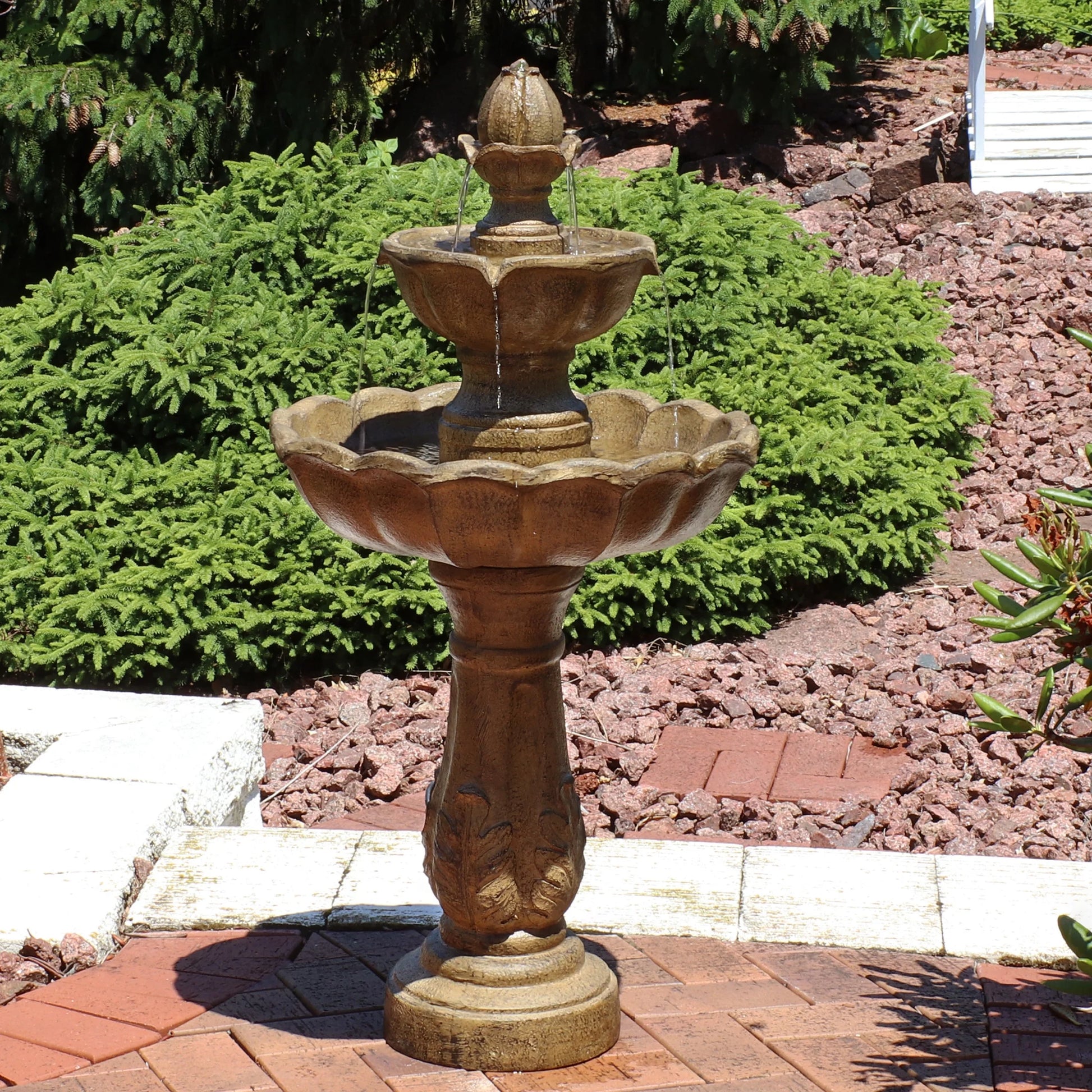 Sunnydaze Blooming Flower Light Brown Resin 2-Tier Outdoor Water Fountain