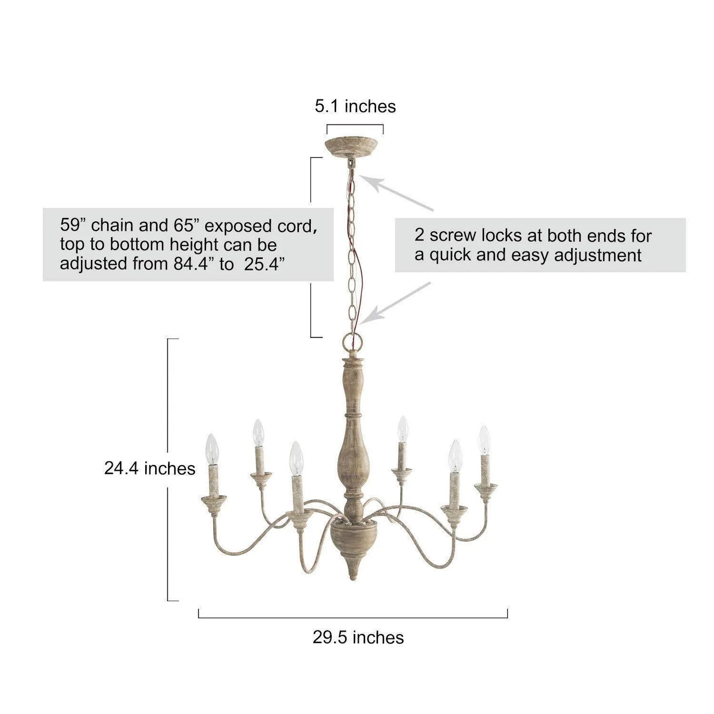 LNC 6-Light French Country Distressed Off-White Handmade Wood and Metal Candle Shape Chandelier