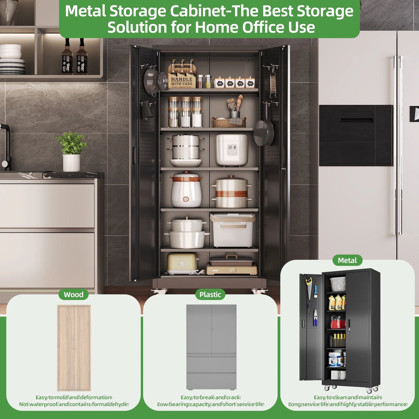 JAORD 71 In Metal Storage Cabinets with Locking Doors and Adjustable Shelves for Home Office, Garage and Utility Room (2 clasp hand, Black)