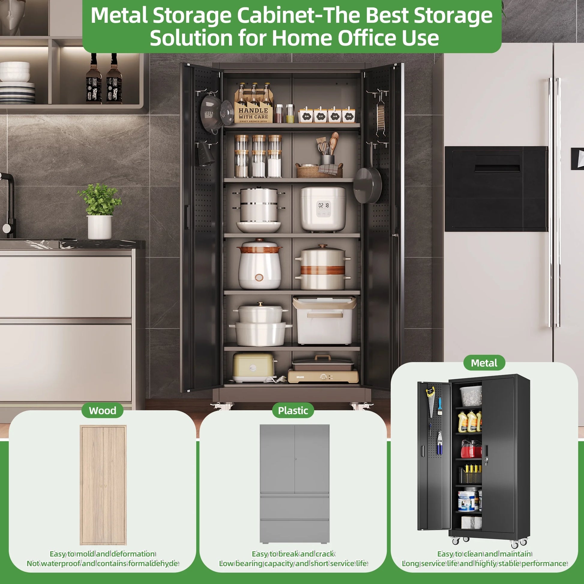 SUXXAN Metal Storage Cabinets with Locking Doors and Adjustable Shelves for Home Office, Garage and Utility Room (2 Handles, Black)