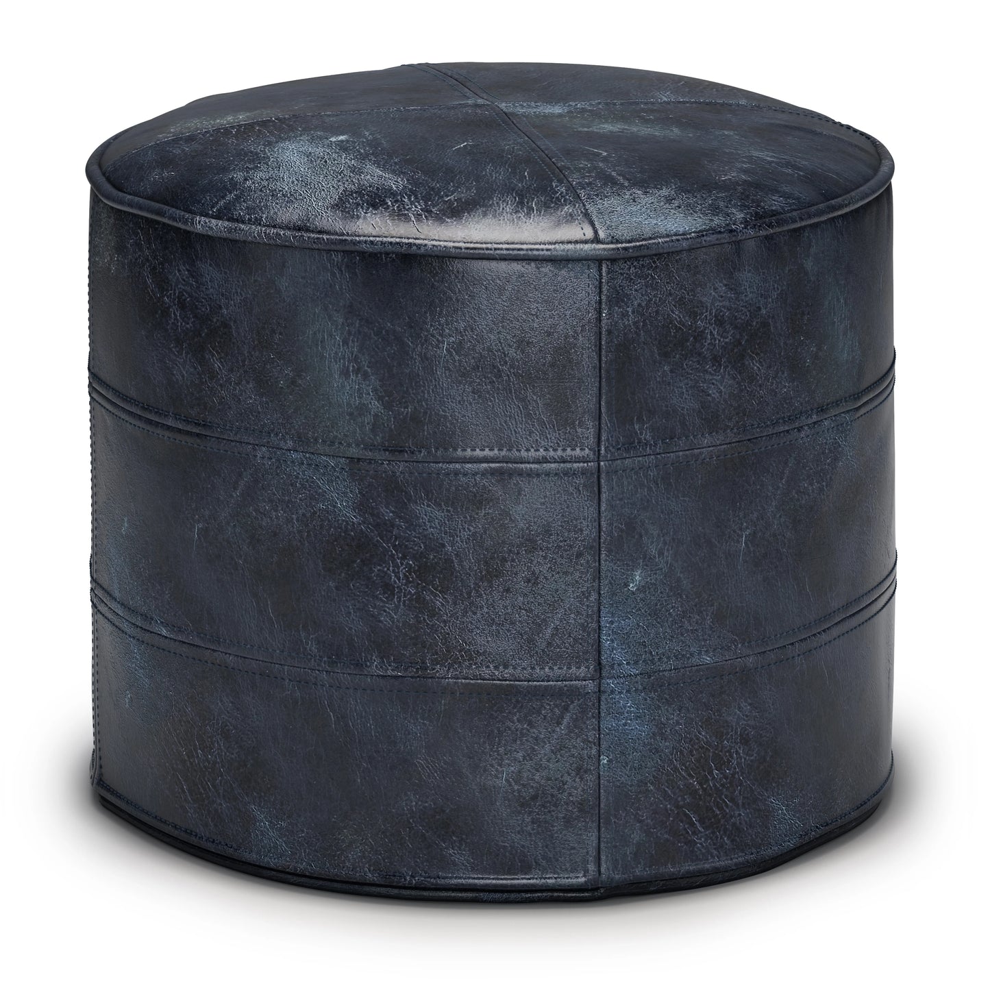 Simpli Home Connor Boho Round Pouf in Navy Blue Genuine Leather