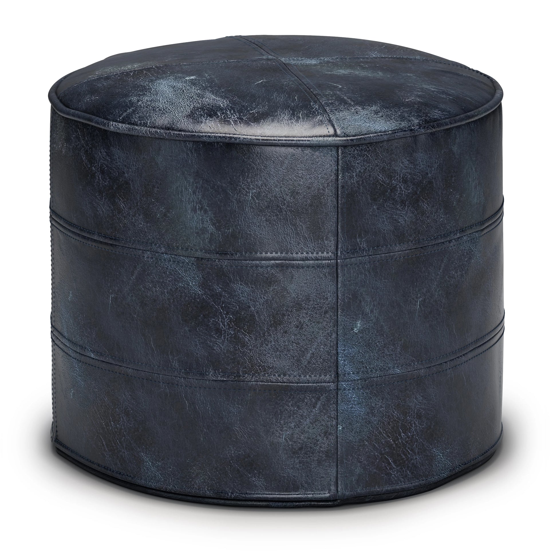 Simpli Home Connor Boho Round Pouf in Navy Blue Genuine Leather