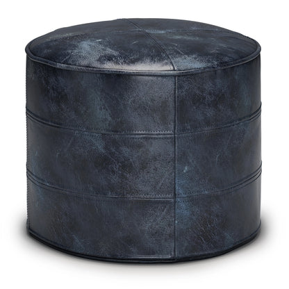 Simpli Home Connor Boho Round Pouf in Navy Blue Genuine Leather