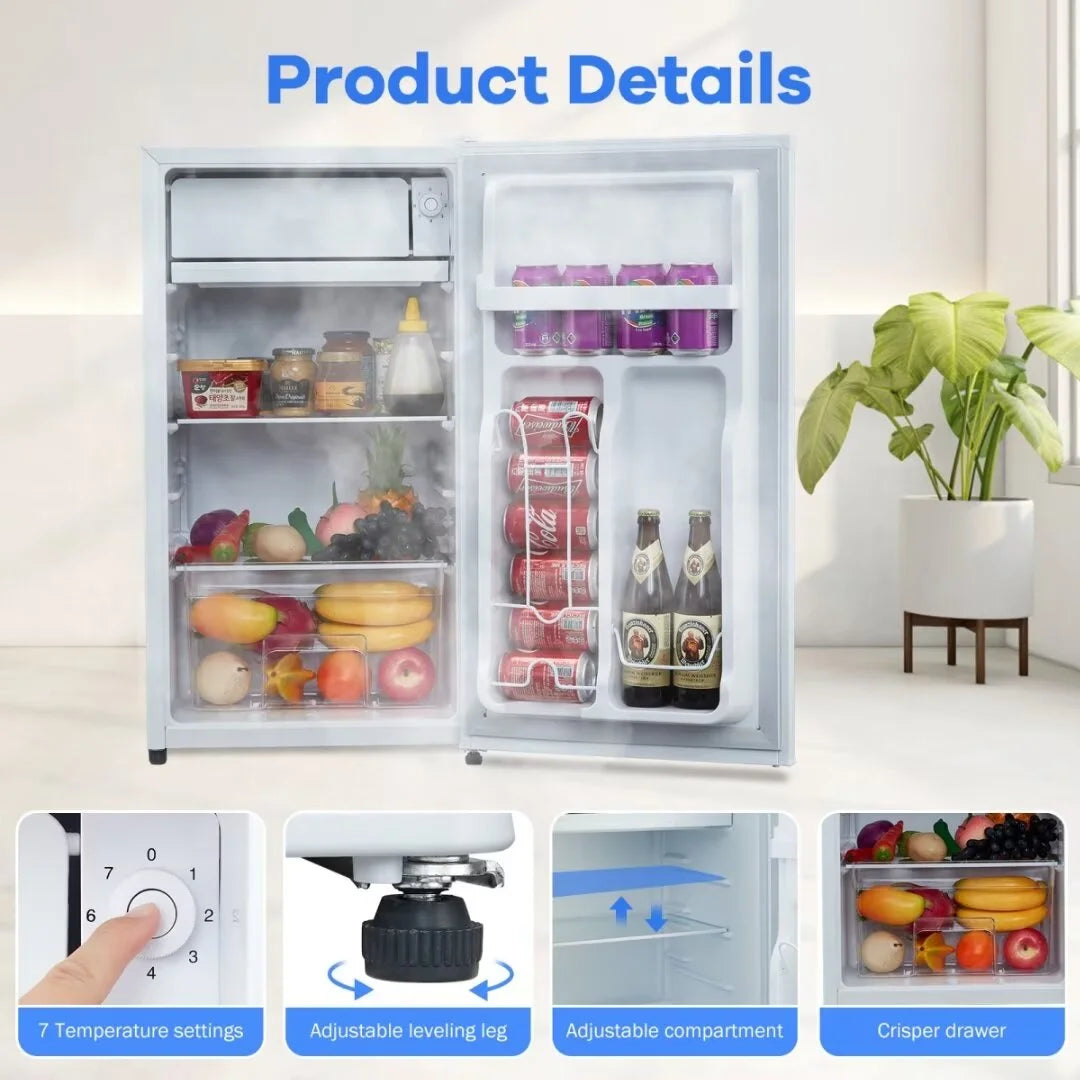 Mini Fridge with Freezer, 3.2 Cu. Ft Small Refrigerator with Adjustable Thermostat, Reversible Door for Home Office, White
