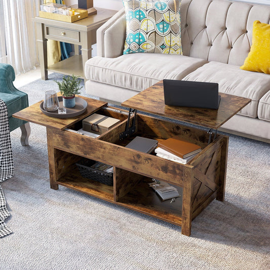 YITAHOME Split Lift Top Coffee Table with Hidden Storage and Open Shelves for Living Room Home Office, Brown
