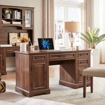 T4TREAM Farmhouse Wood 58" Executive Desk, Home Office 30" High Computer Desk with Drawers and Storage Cabinet, White