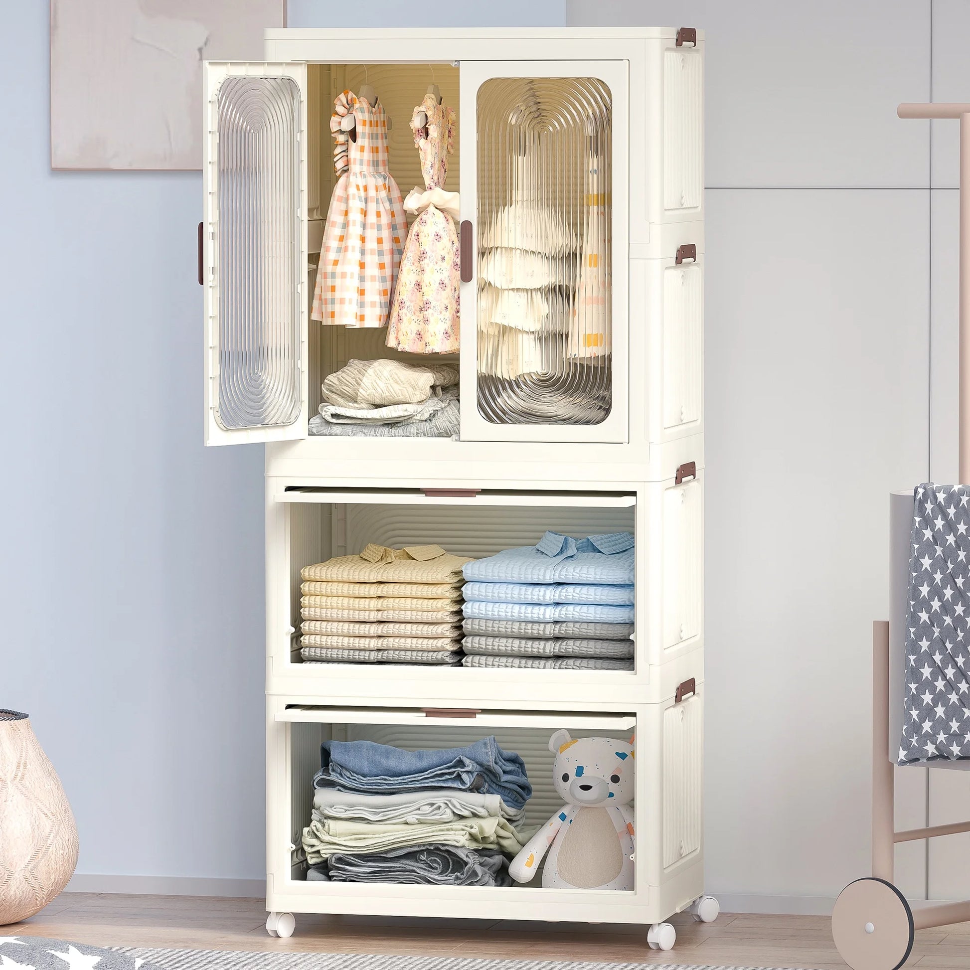 Montary Kids Portable Wardrobe w/Magnetic Doors & Hanging Rod - 4-Cube Plastic Storage Cabinet,Nursery/Bedroom