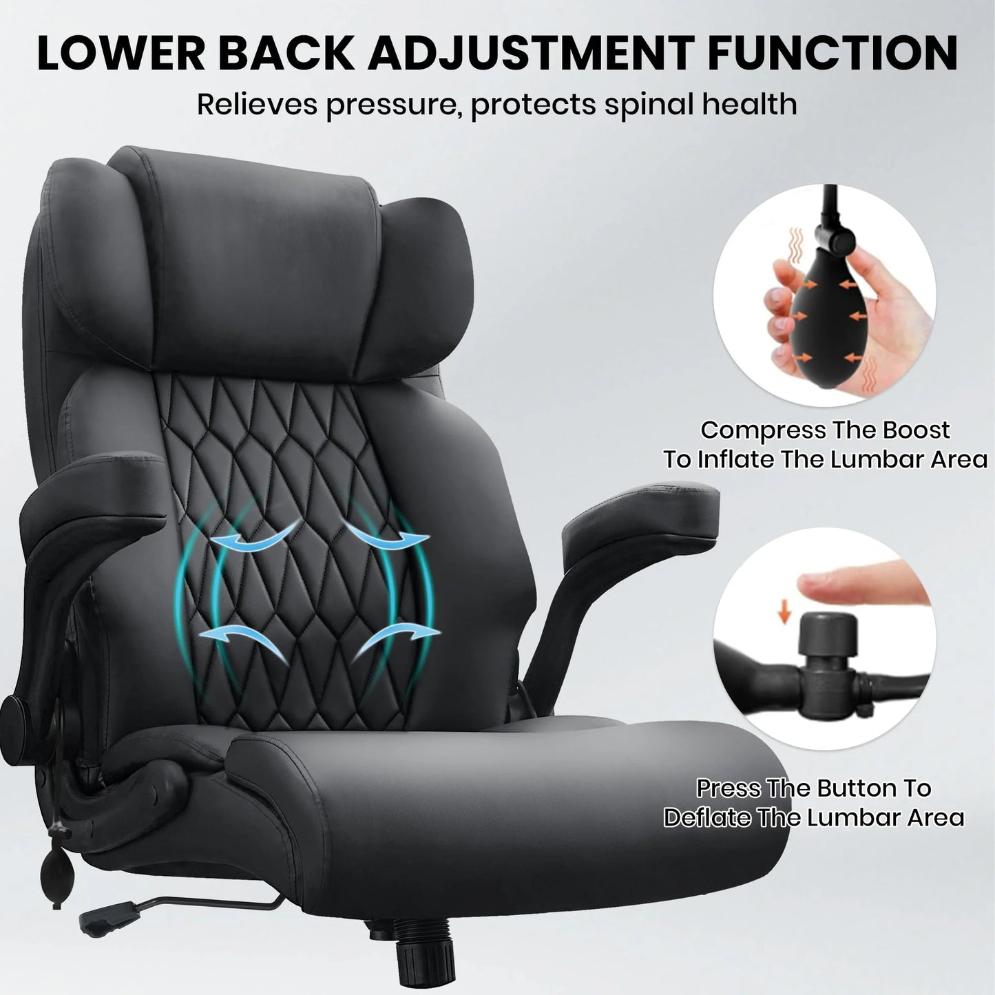 HomeZeer Big and Tall Office Chair 500LBS, High Back Executive PU Leather Chair with Adjustable Lumbar Support, Flip-Up Arms & Wide Seat, Heavy Duty on Rubber Wheels for Home Office, Black