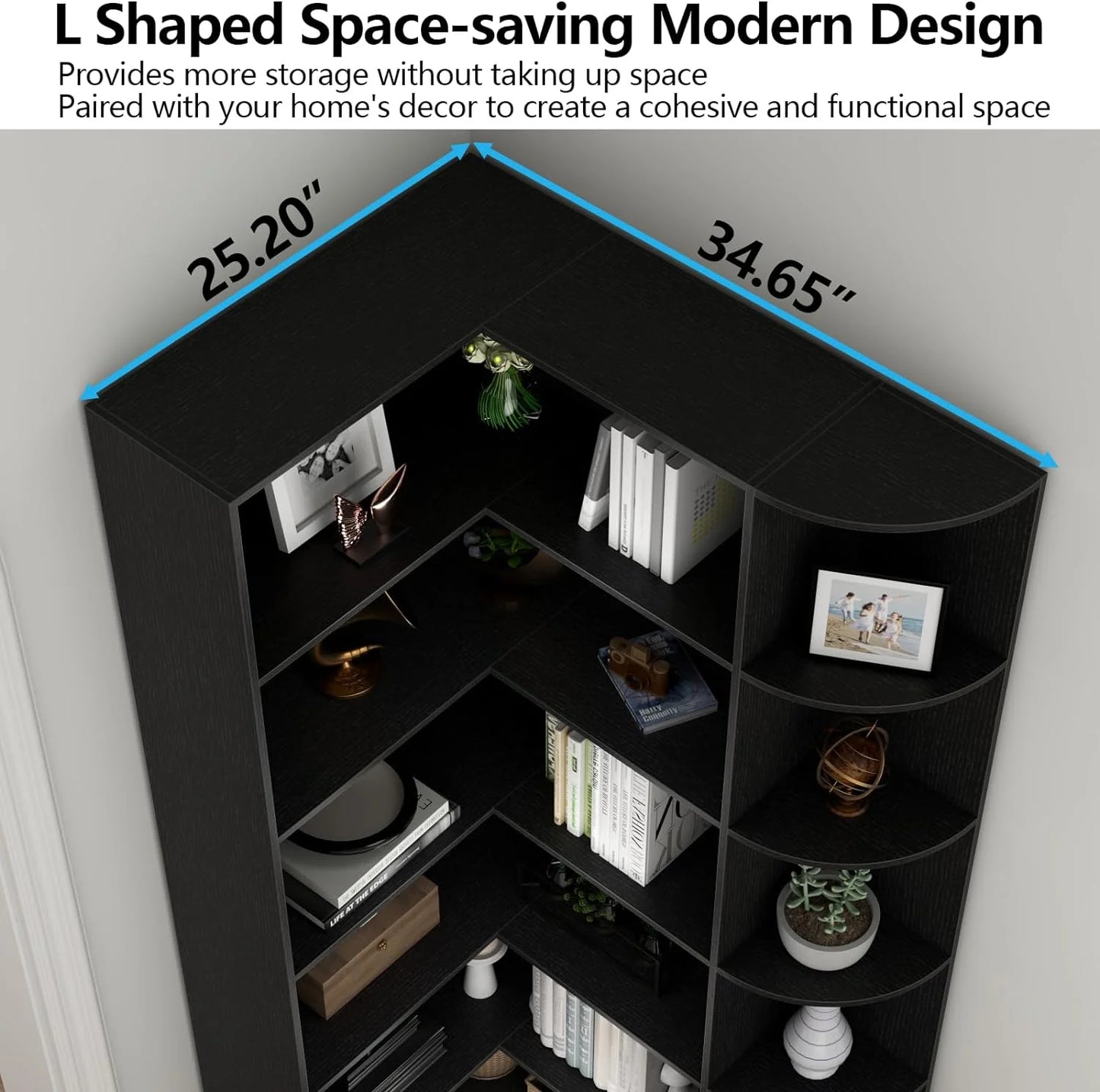 Loomie Bookshelves, 6 Tiers Shelf Large Tall Corner Etagere Bookcase with Full Baffle, L-Shaped Modern Storage Display Industrial Book Shelf for Bedroom, Home Office, Living Room & Kitchen