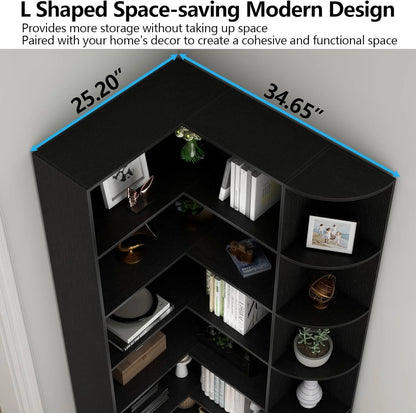 Loomie Bookshelves, 6 Tiers Shelf Large Tall Corner Etagere Bookcase with Full Baffle, L-Shaped Modern Storage Display Industrial Book Shelf for Bedroom, Home Office, Living Room & Kitchen