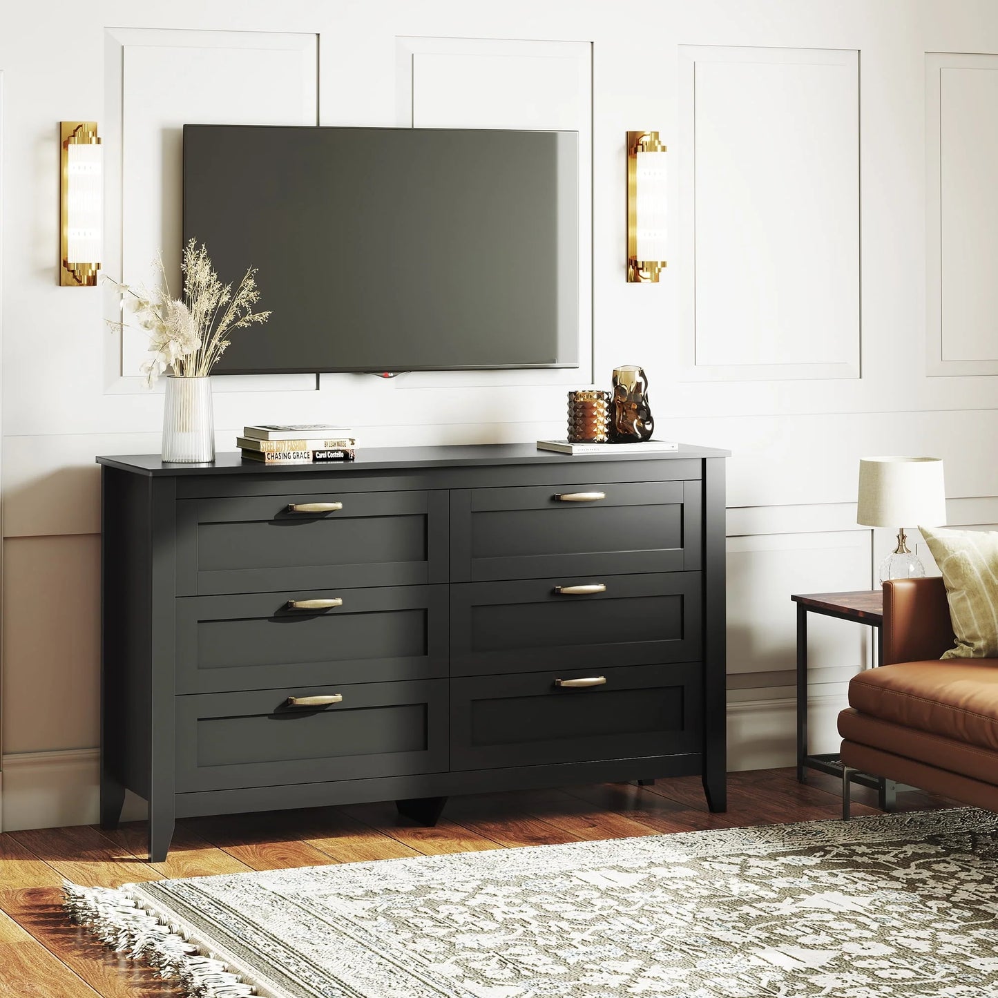 WLIVE Black Dresser for Bedroom, Double Dresser with Chest of 6 Drawers for Living Room & Nursery Toddlers Room, Retro Chest of Drawers with Metal Handle, Double Wood Dresser, Large Storage Cabinet