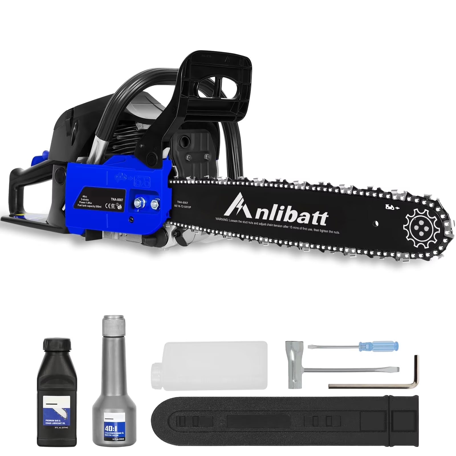 ANLIBATT Gas Chainsaw 18" 46cc 2.4HP 2-Cycle Gasonline Powered Handheld Cordless Chain Saw Petrol Automatic Oiler for Farm Garden Trees Wood Cutting