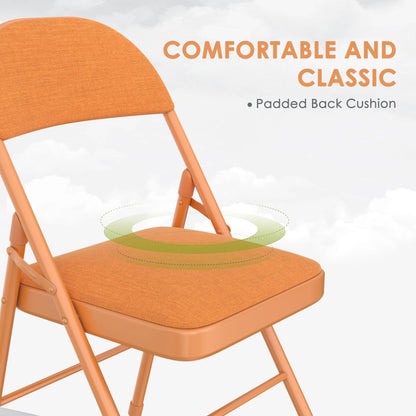 VECELO Set of 4 Folding Chairs, Fabric Dining Chair Set with Padded Cushion and Back, Indoor Outdoor Upholstered Seat with Metal Frame for Home Office Events Wedding Party, Orange