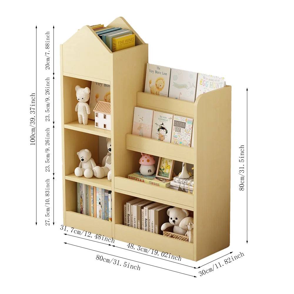 PORKISS Bookshelf for Kids, Wood Kids Bookcase with Toy Storage Organizer, Freestanding Book Shelf with 6 Compartments and 2 Baskets Bins for Kids Bedroom, Nursery, Playroom, Natural