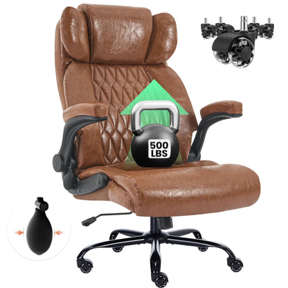 HomeZeer Big and Tall Office Chair 500LBS, High Back Executive PU Leather Chair with Adjustable Lumbar Support, Flip-Up Arms & Wide Seat, Heavy Duty on Rubber Wheels for Home Office, Black