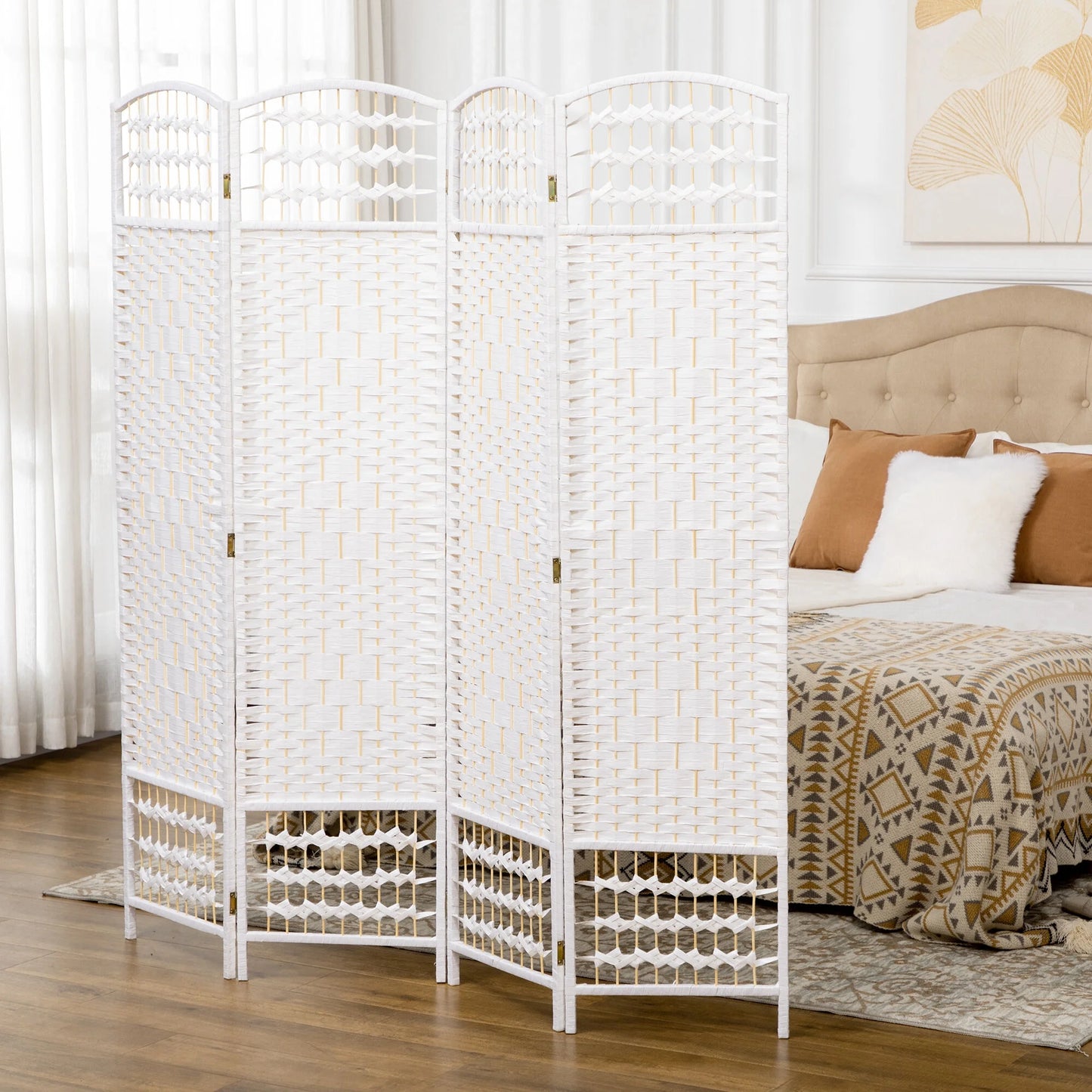 DUOSONG 4 Panel Room Divider, Folding Privacy Screen, 5.6' Room Separator, Wave Fiber Freestanding Partition Wall Divider For Rooms, Home, Office, White White Paper Privacy Screens