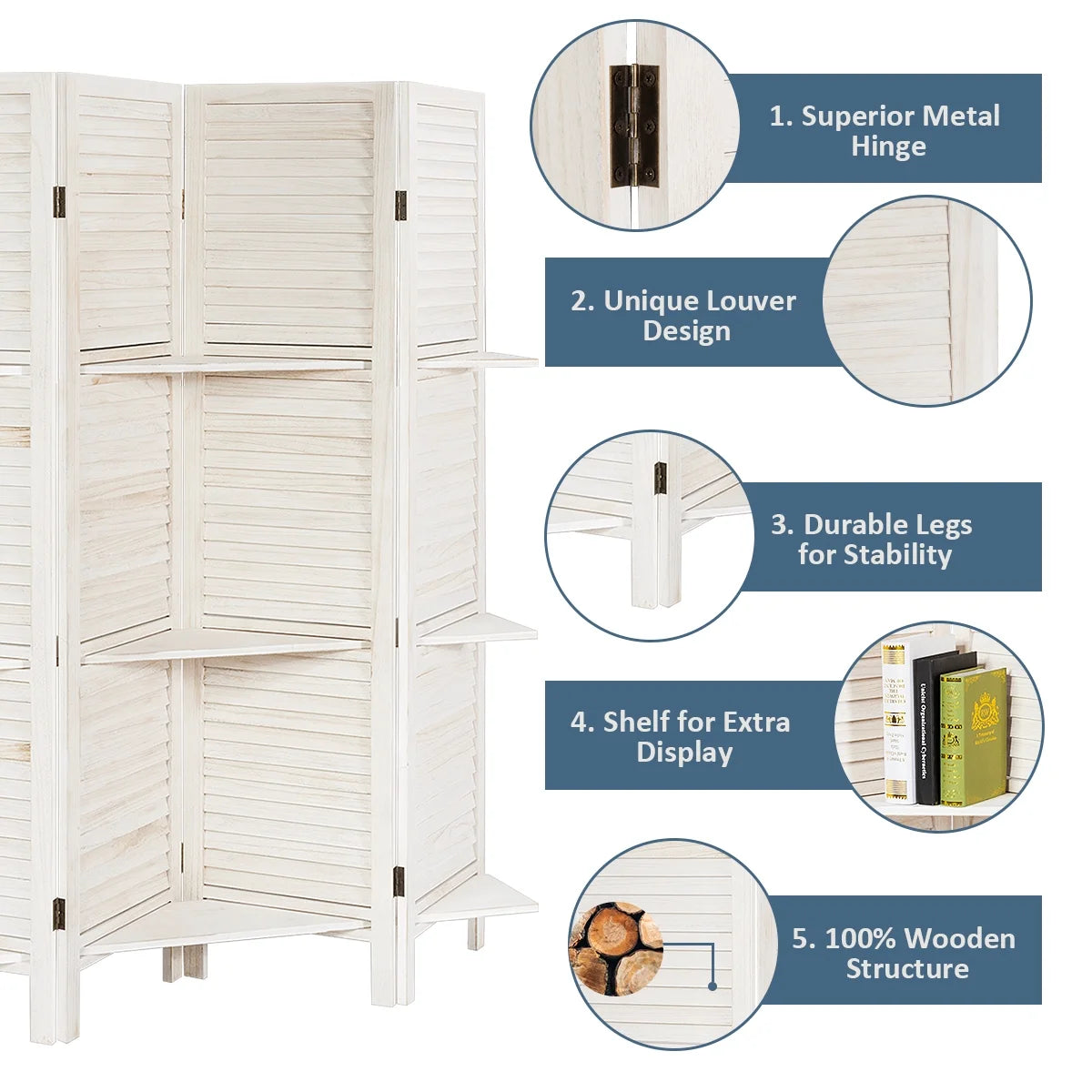 Costway 4 Panel Folding Room Divider Screen W/3 Display Shelves 5.6 Ft Tall