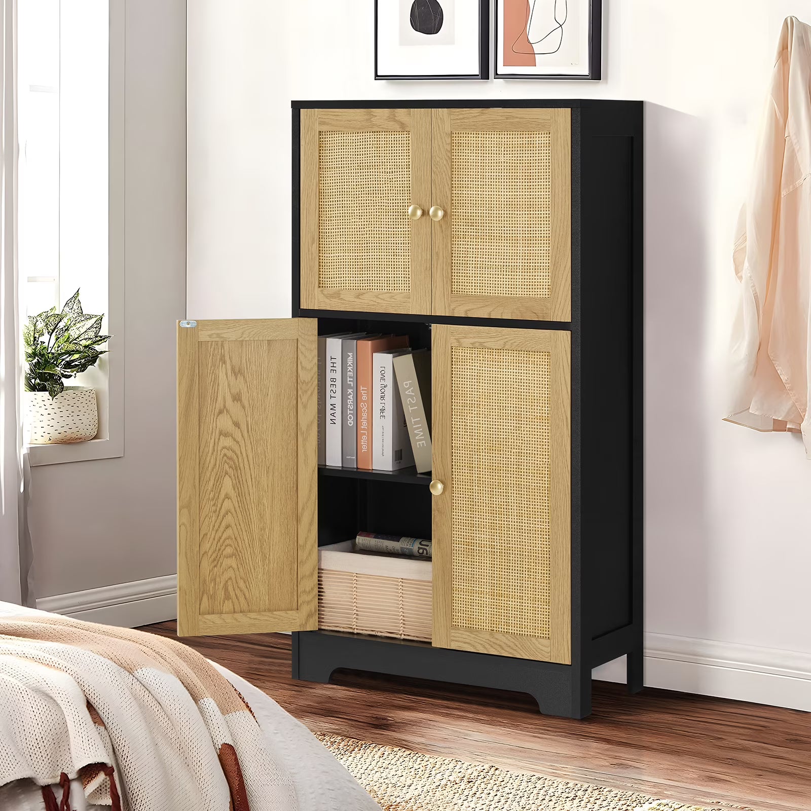 FANGSUM Rattan Cabinet with 4 Doors & Adjustable Shelf, Natural, for Living Room, Home Office