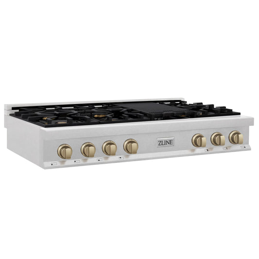 ZLINE Autograph Edition 48" Porcelain Rangetop with 7 Gas Burners in DuraSnow Stainless Steel and Champagne Bronze Accents (RTSZ-48-CB)