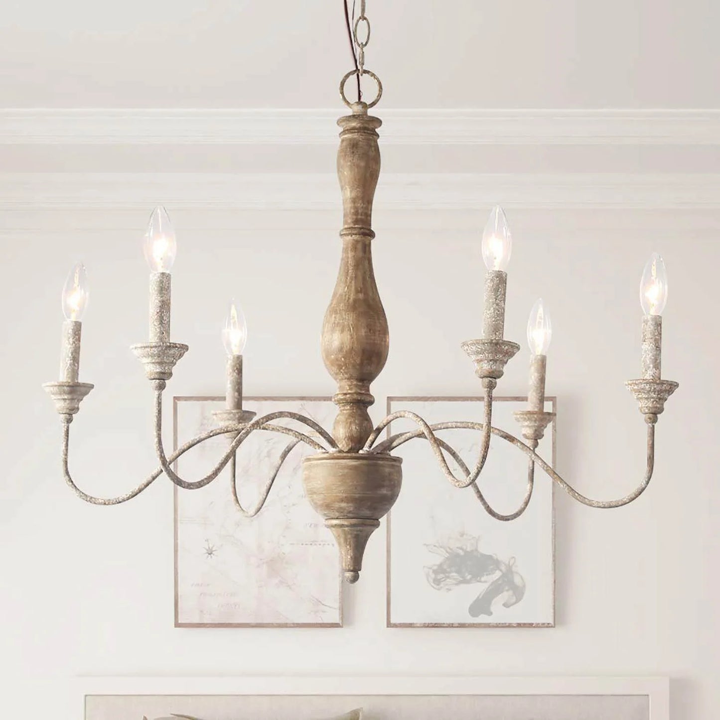 LNC 6-Light French Country Distressed Off-White Handmade Wood and Metal Candle Shape Chandelier
