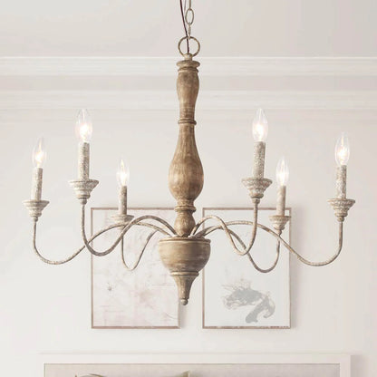 LNC 6-Light French Country Distressed Off-White Handmade Wood and Metal Candle Shape Chandelier