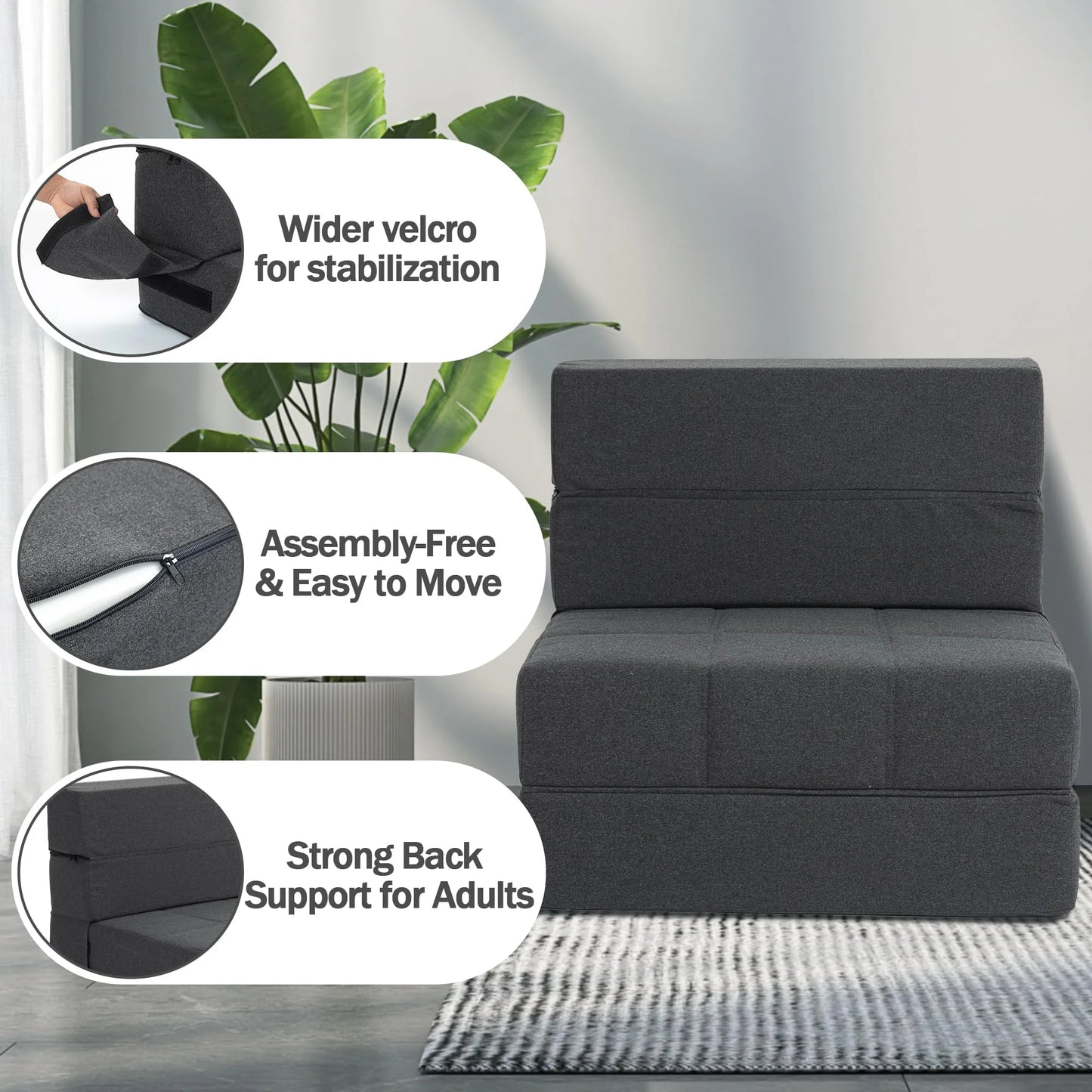 Folding Sofa Bed, 7 inch Memory Foam Floor Couch, Convertible Sleeper Foldable Mattress Futon Sofa for Living Room/Home Office/Guest Beds/Apartment/Upstairs Loft, Dark Gray, Single