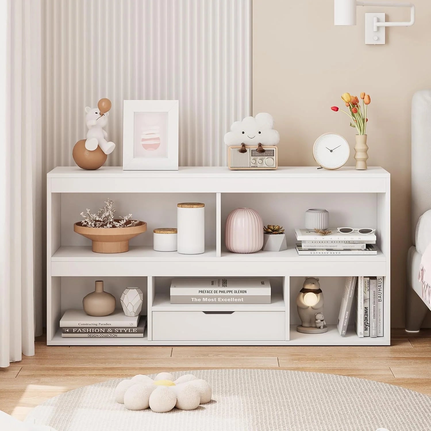 IdealHouse 5-Cube Kids Storage Organizer with Drawer, Wooden Toy Storage Cabinet for Playroom, Nursery, Classroom - White Wood Finish