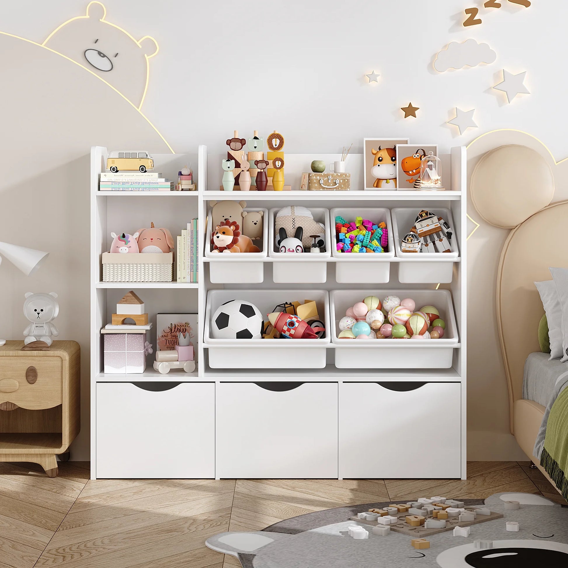 Homfa Kids Bookcase with 6 Storage Bins, Multi-Purpose Toy Organizers Bookshelf with 3 Drawers for Bedroom Nursery Playroom, White