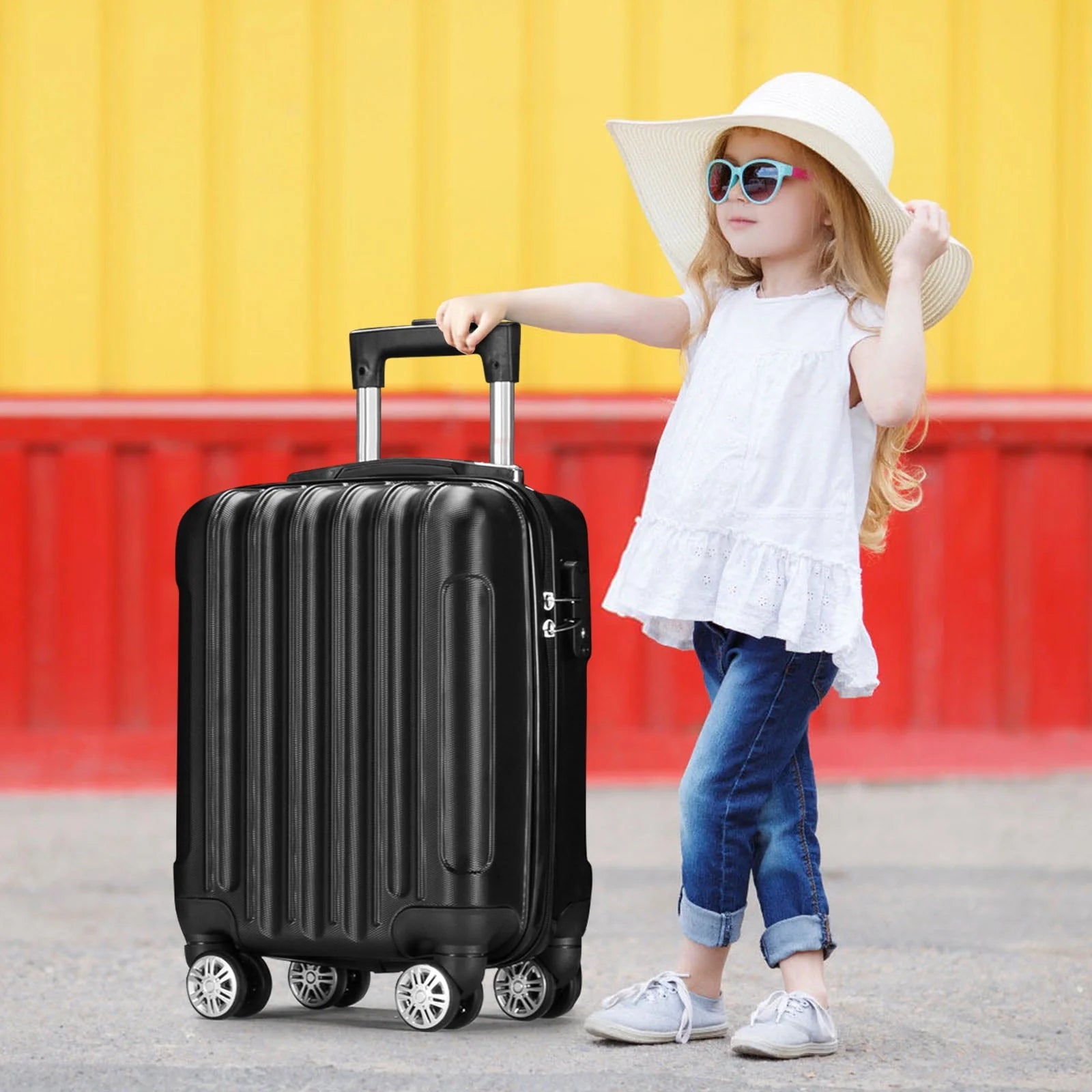 Zimtown 4 Piece Luggage Set, ABS Hard Shell Suitcase Luggage Sets Double Wheels with TSA Lock, Black