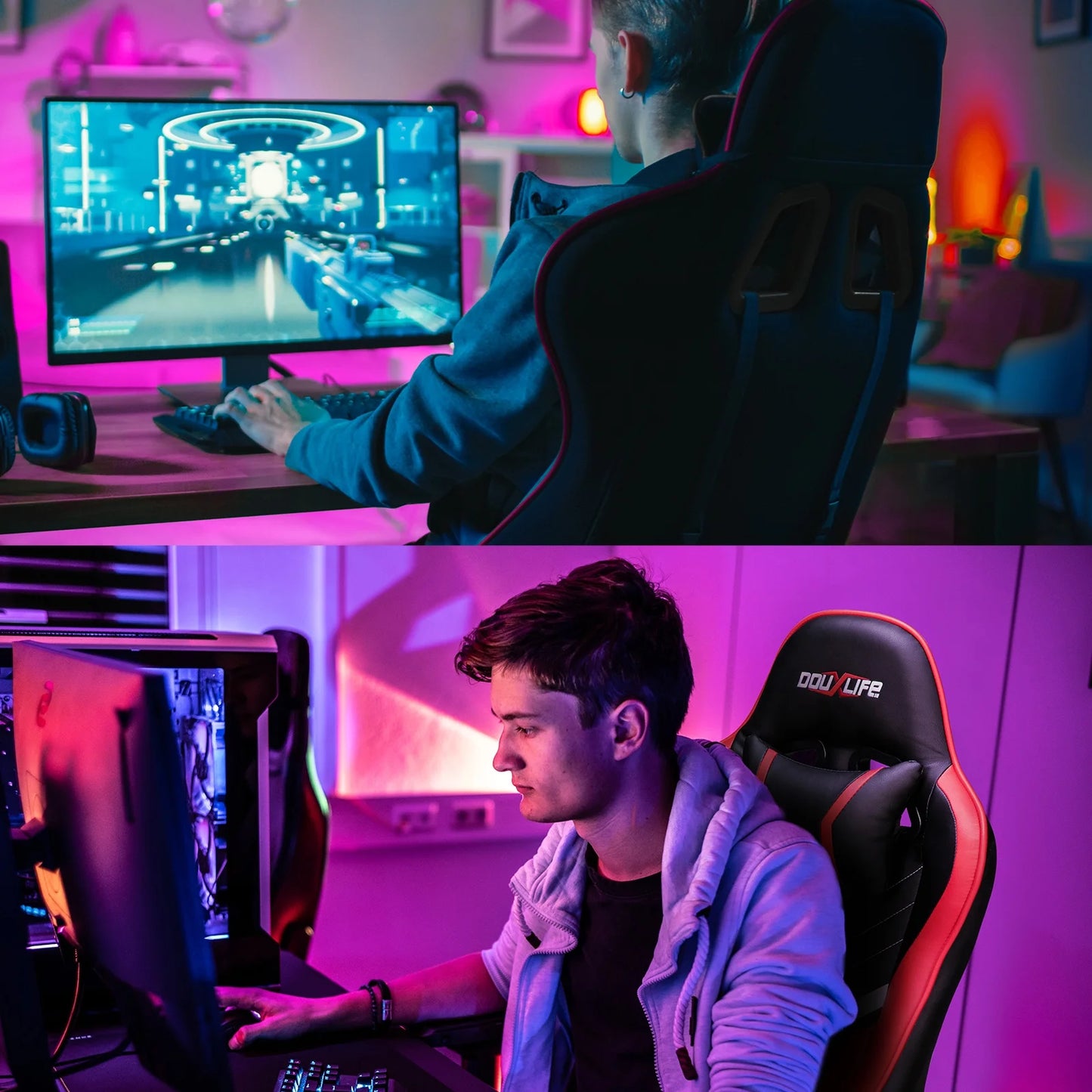 Douxlife 7-Point Massage Gaming Chair with Footrest, 175° Reclining, Ergonomic Racing High Back Home Office Computer Chair, Video Game Chair for Adults Kids