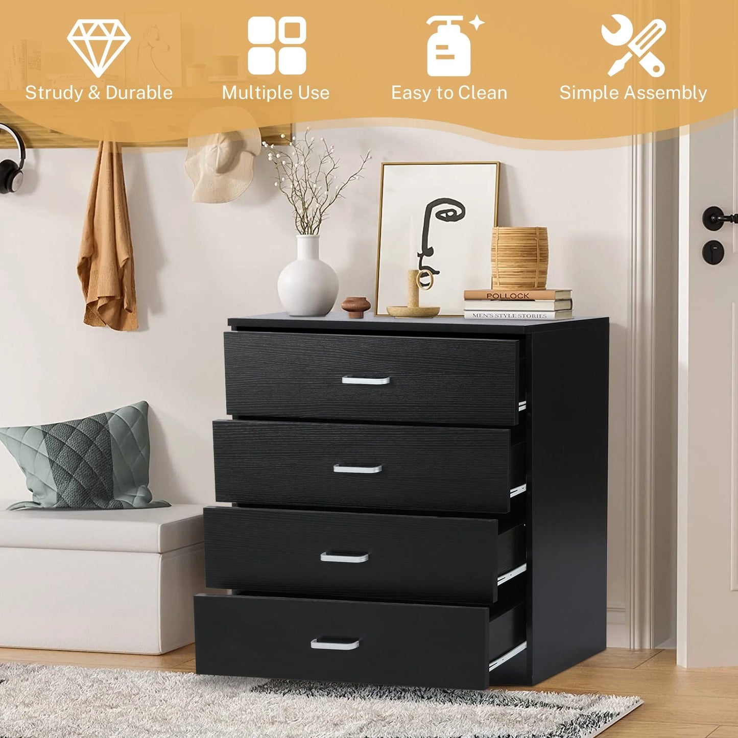 SYNGAR Black 4 Drawer Dresser, Chest of Drawers for Bedroom, Modern Storage Cabinet Dresser Organizer Unit with Handle for Living Room, Closet, Hallway, Nursery