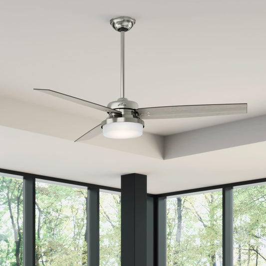 Hunter - Sentinel Indoor Ceiling Fan With Light, Remote, 60-inch, Brushed Nickel, Modern-style, 3-speed WhisperWind Motor, 59459, for living rooms, bedrooms, home offices, kitchens