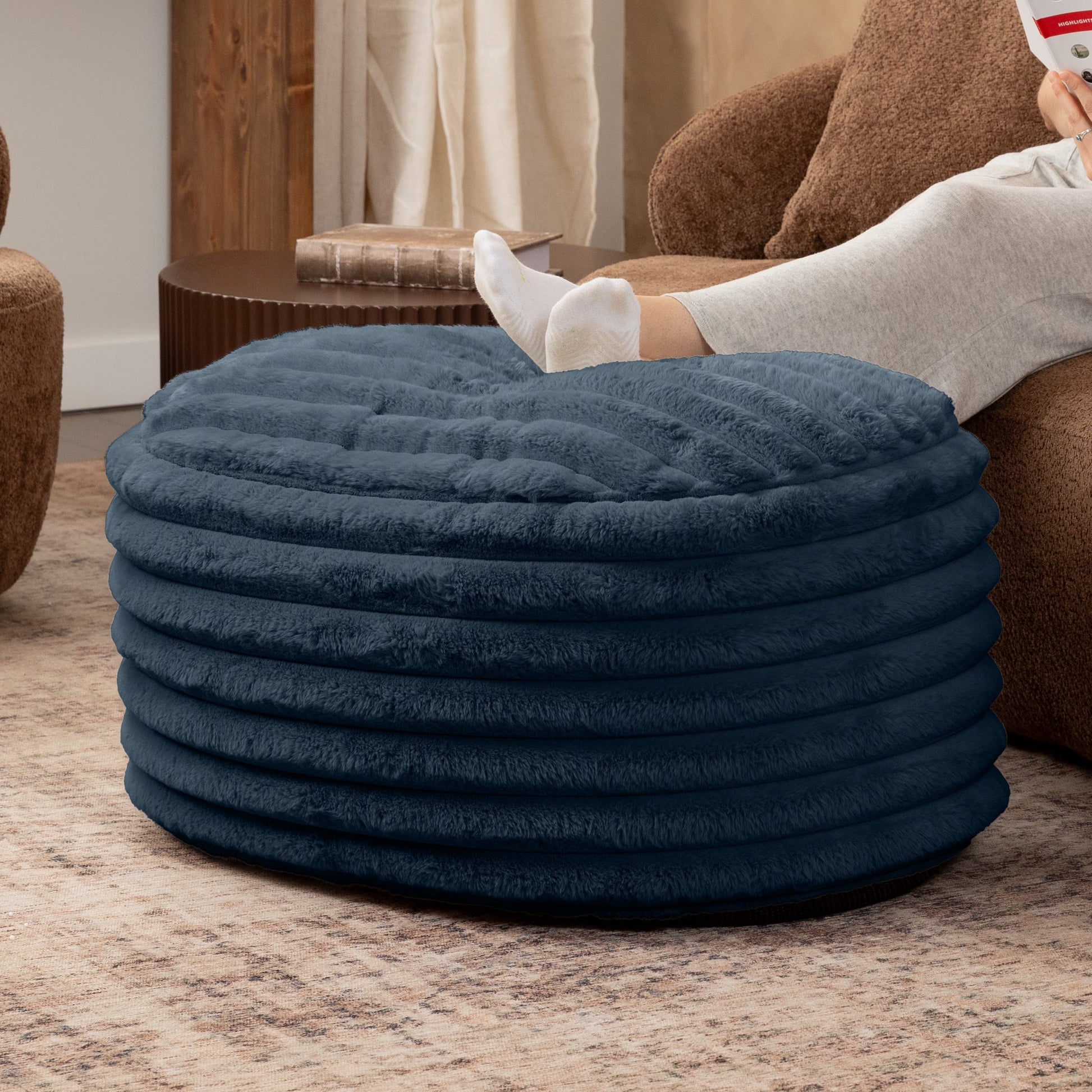 Jaxx Paran Accent Pouf - Fluffy Faux Fur Ottoman for Modern Interior Design, Large, Black
