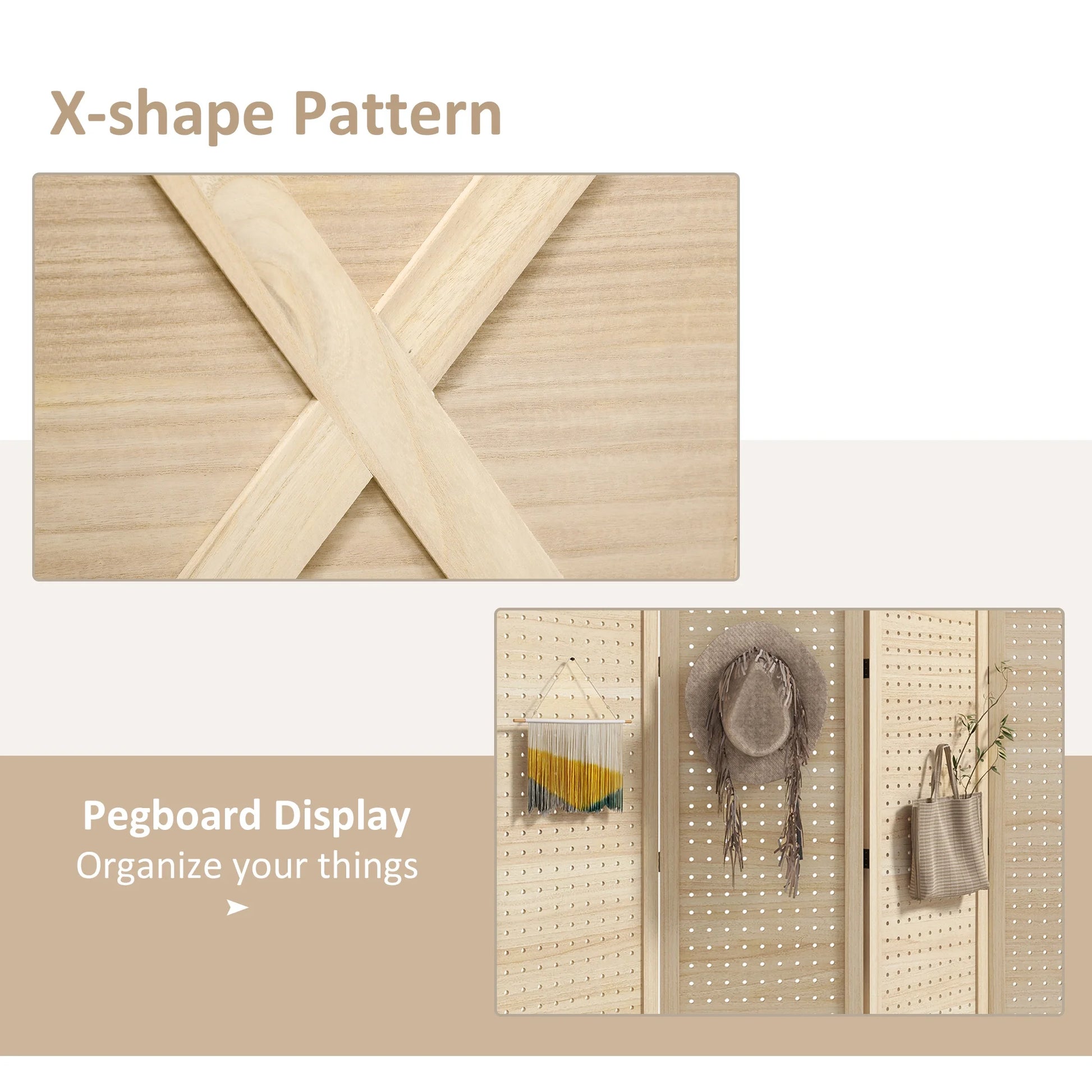 HOMCOM 4.7' 3 Panel Room Divider with Pegboard Display for Indoor, Natural