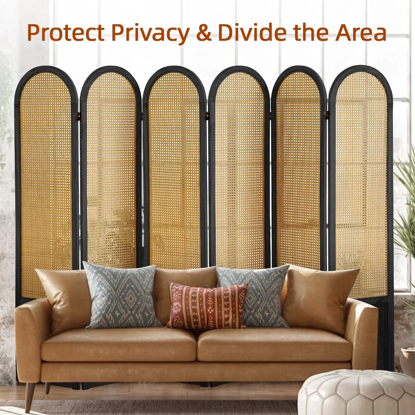 Aletheiawu 6 Panel Rattan Room Divider and Folding Privacy Screens, No Installation Required, Black